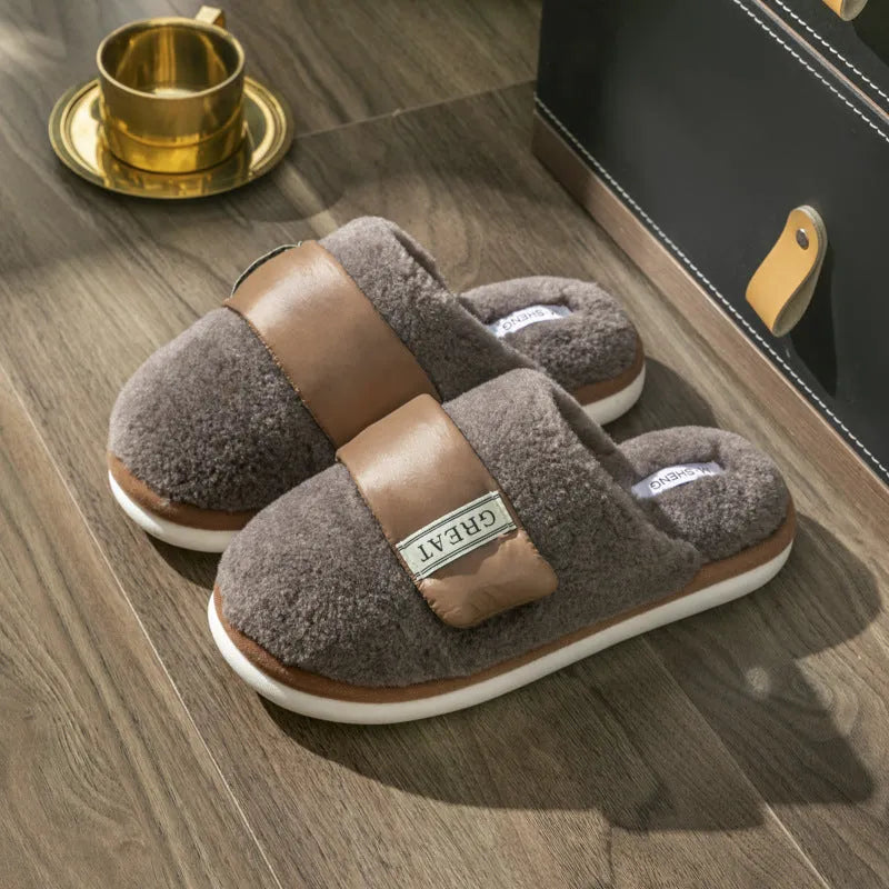 Velcro floor cotton slippers in beige with plush upper and non-slip plastic sole, 2cm heel.
