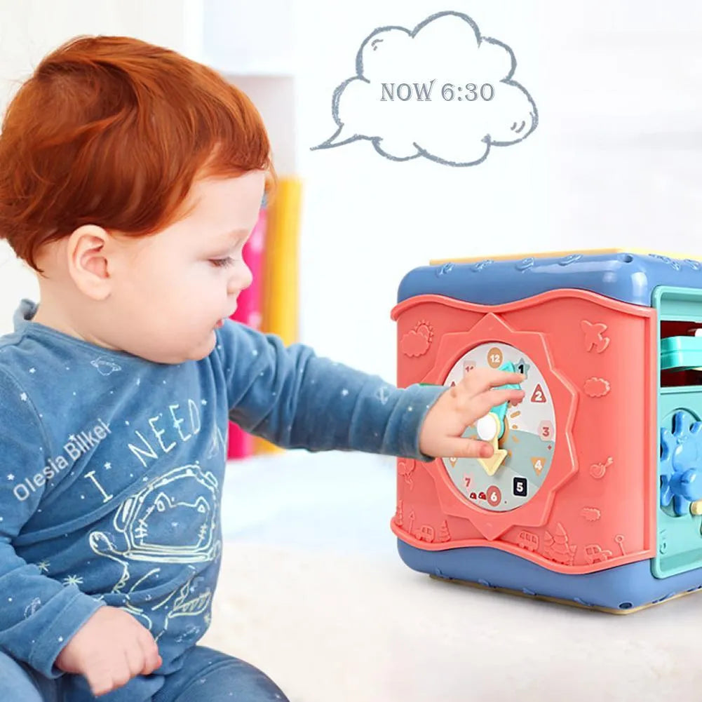 Six-sided educational cube for babies with bead maze, gears, car track, clock, numbers and butterfly activities