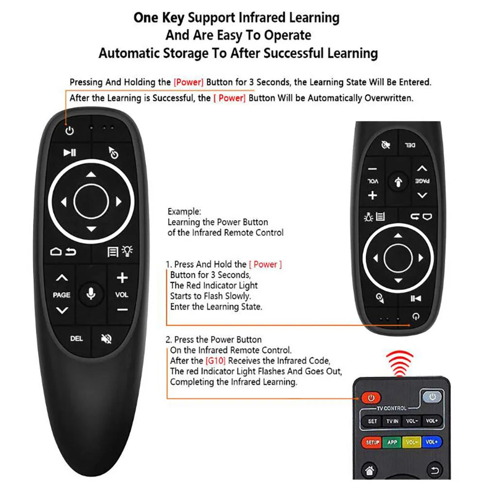 G10S intelligent voice remote control with plastic shell and silicone buttons, shown next to its packaging box.