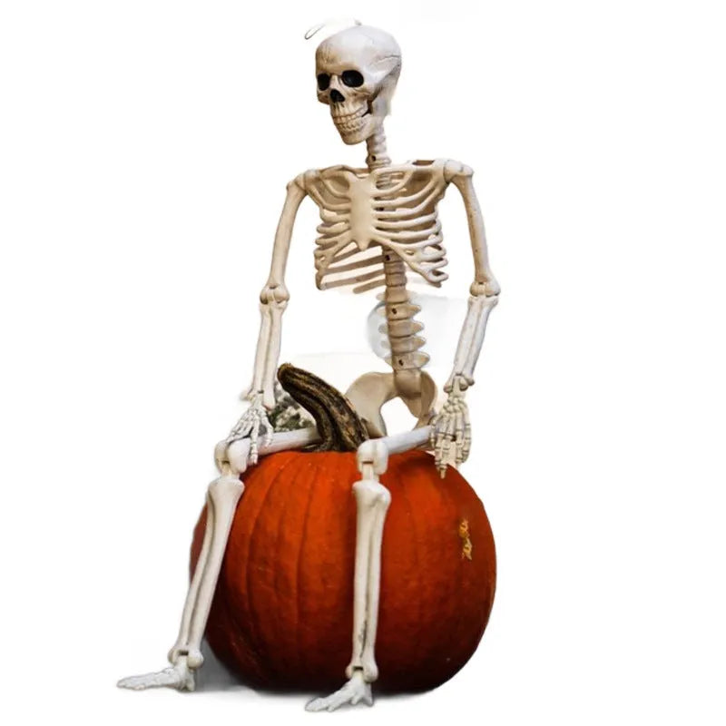 Poseable 90cm tall plastic skeleton Halloween decoration with articulated limbs.