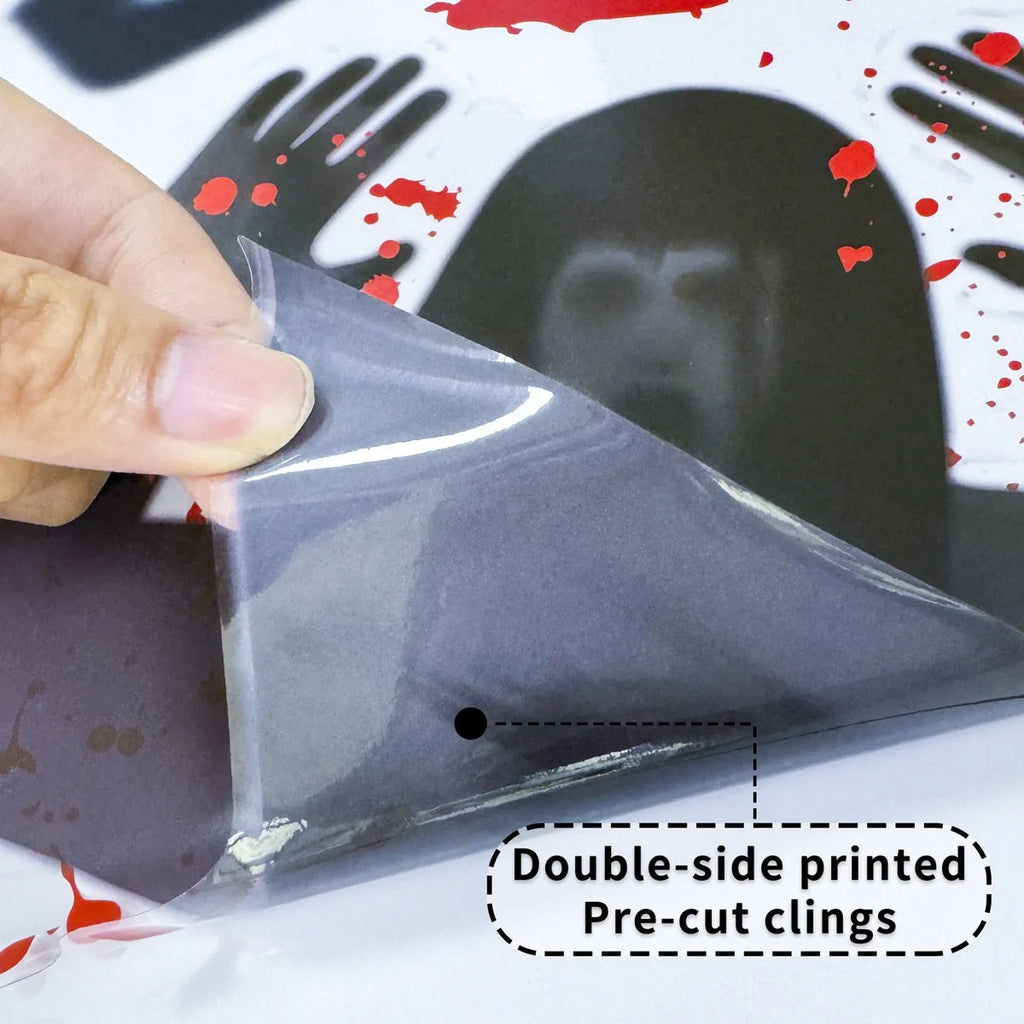 Six PVC electrostatic Halloween stickers with female ghost and skull motifs arranged as a window scene layout