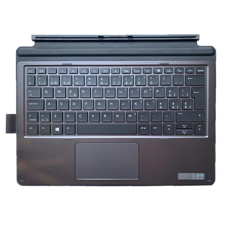 Slim wireless keyboard attached to an Elite X2 tablet, showing ergonomic tilt and multimedia function keys.