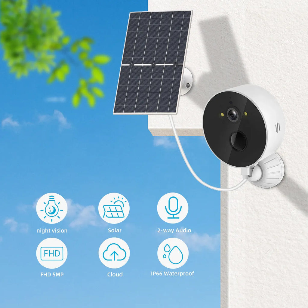 Outdoor solar-powered security camera with attached solar panel on a wall mount