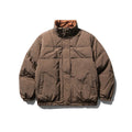 Men's brown reversible down jacket with stand-up collar and hood, medium length 65cm, available in sizes S to XL