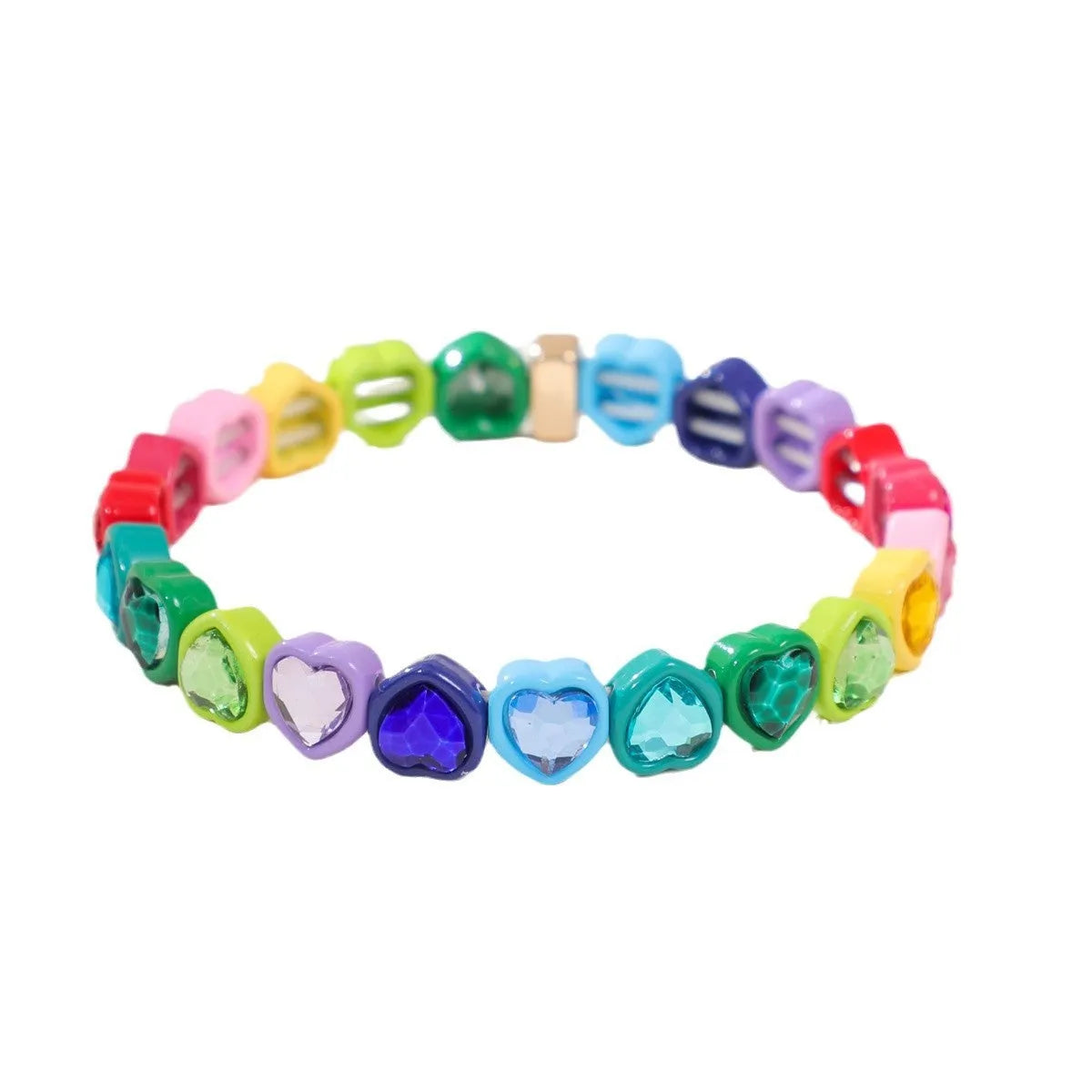 Rainbow enamel heart charm bracelet on alloy base with diamond treatment, stretch band, multicolour design.