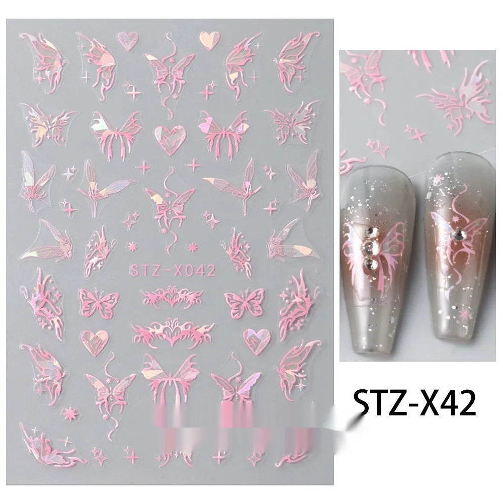 Cartoon-themed nail art sticker sheet with black and silver strip patterns and love motifs