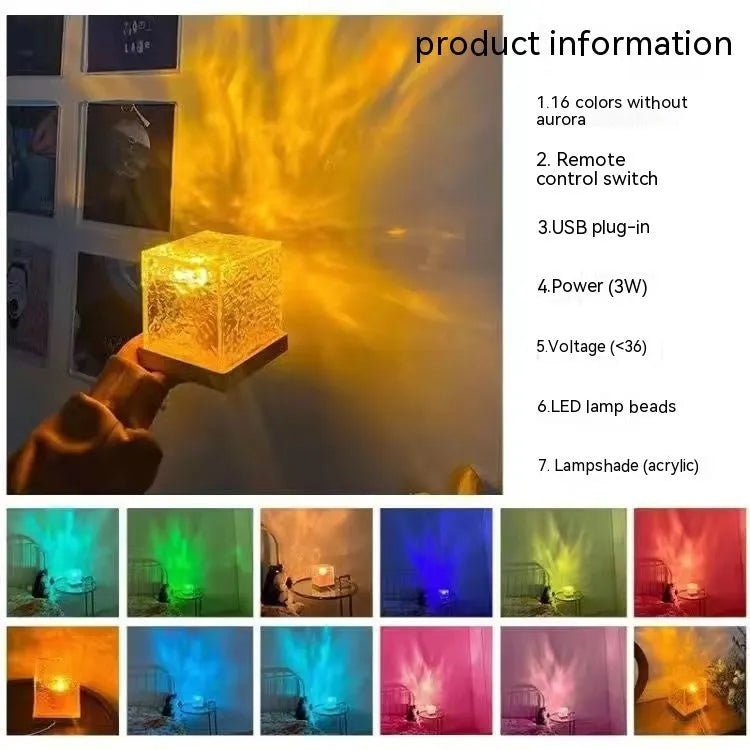 LED water ripple projection crystal table lamp with remote control on wooden surface