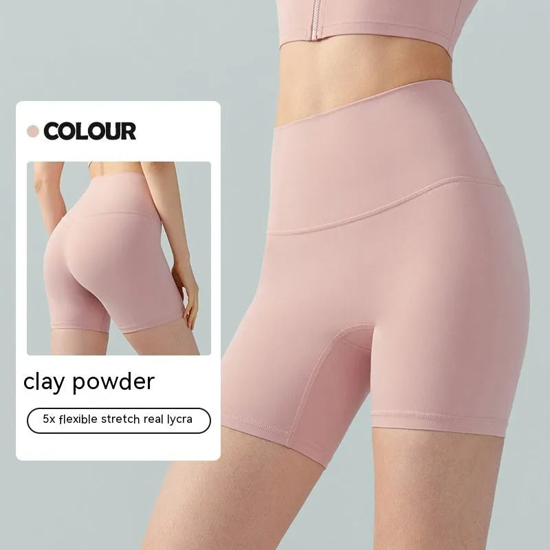 Women's leaf green Lycra yoga shorts with high waist belly control design