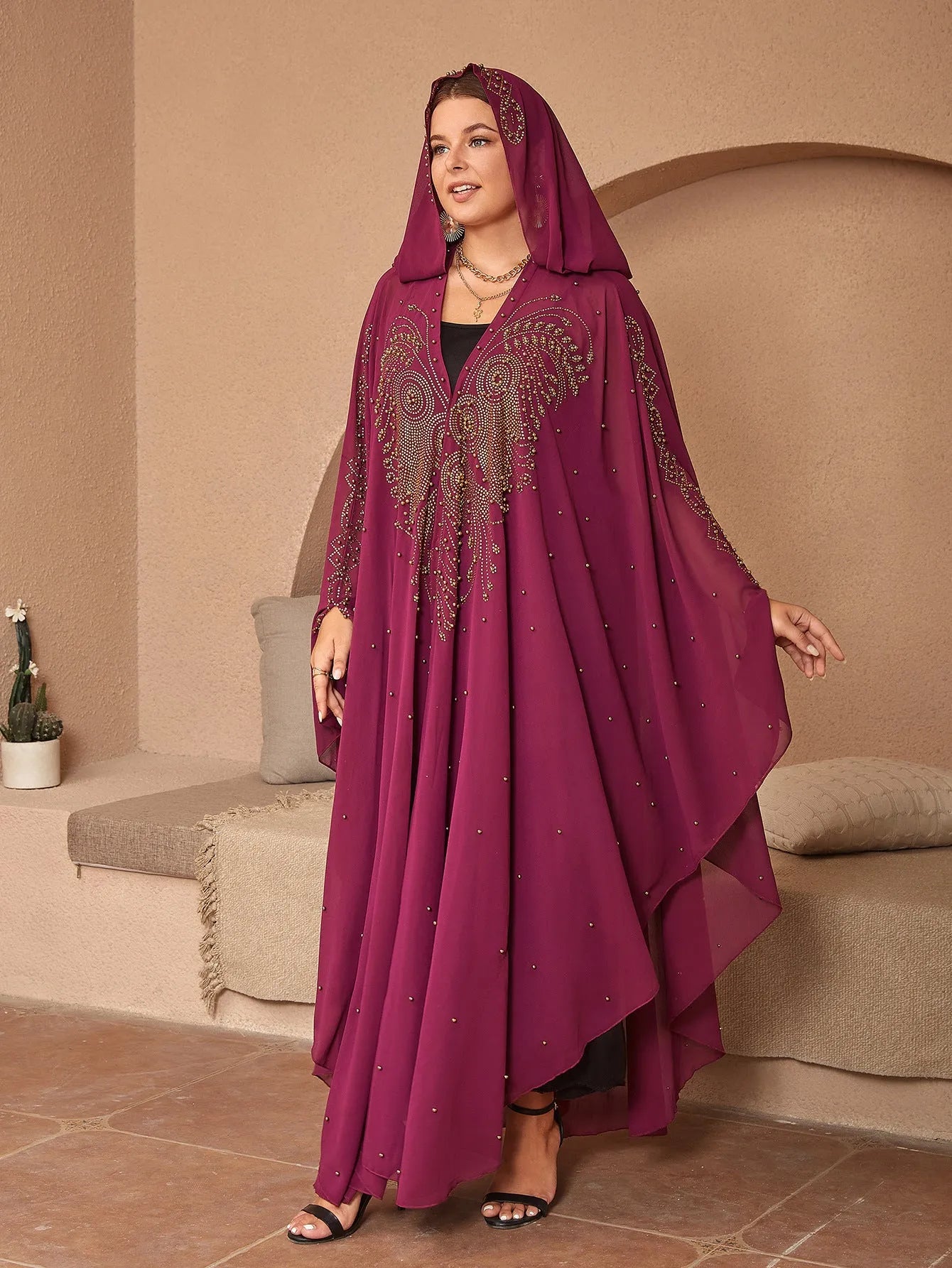 Purple chiffon Muslim-style shawl with rhinestone beading at 175cm length