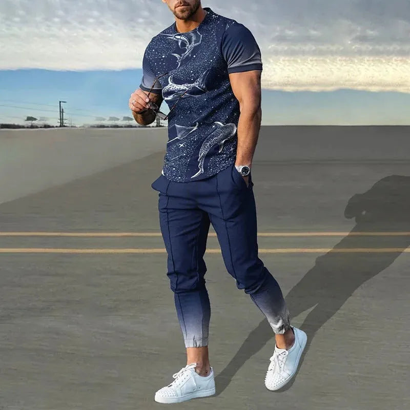 Man wearing a thin, short-sleeve polyester blend pullover and matching trousers from a sports tracksuit set.