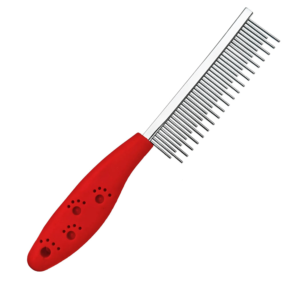 Red plastic handle pet grooming comb with stainless steel short and long teeth.