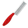Red plastic handle pet grooming comb with stainless steel short and long teeth.