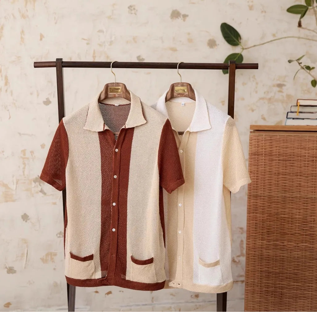 Beige short-sleeved women's cardigan with a lapel collar, made from a thin linen and cotton blend fabric.