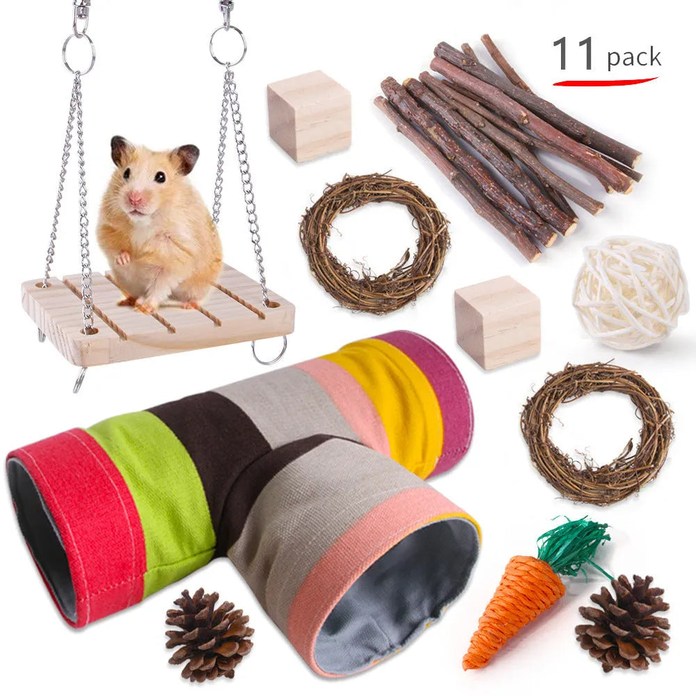 Wooden toy combination set for rabbits, guinea pigs, and parrots with straw mattress and natural material balls
