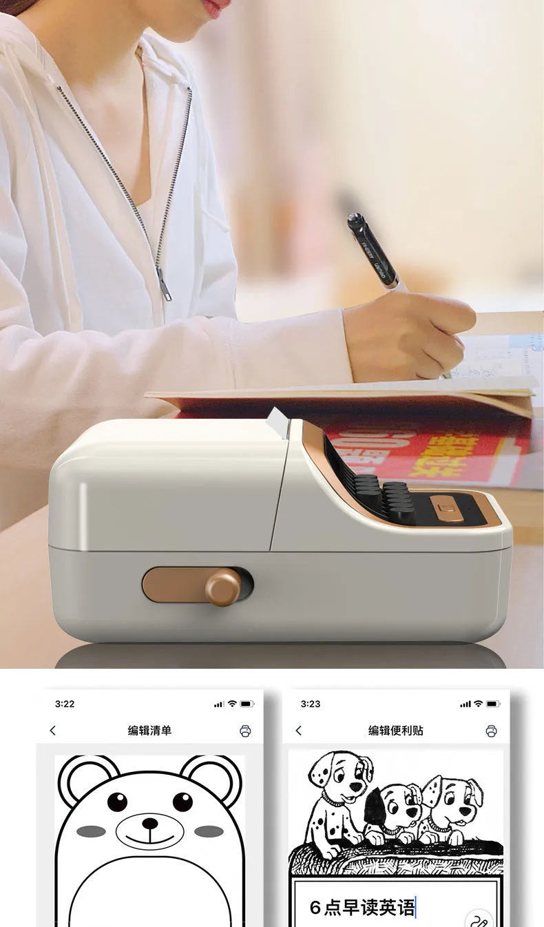 Portable Bluetooth thermal label printer WP9520 in white on a desk with label roll