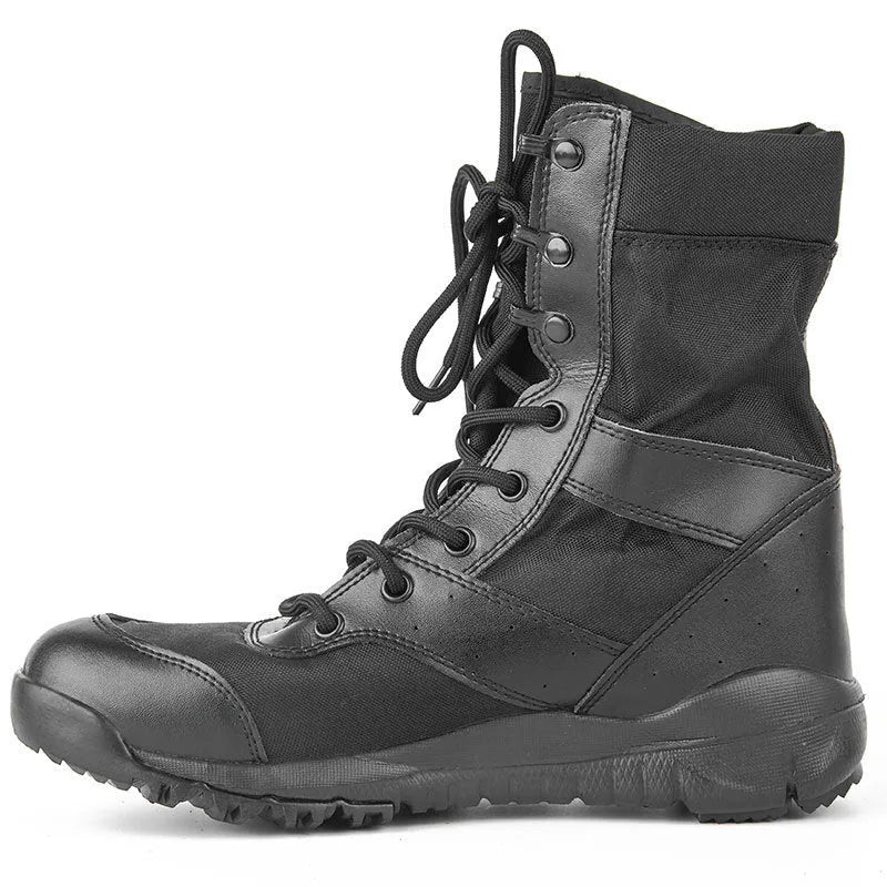 Yulong combat tactical desert boots in black and sand colour on a rocky outdoor background.