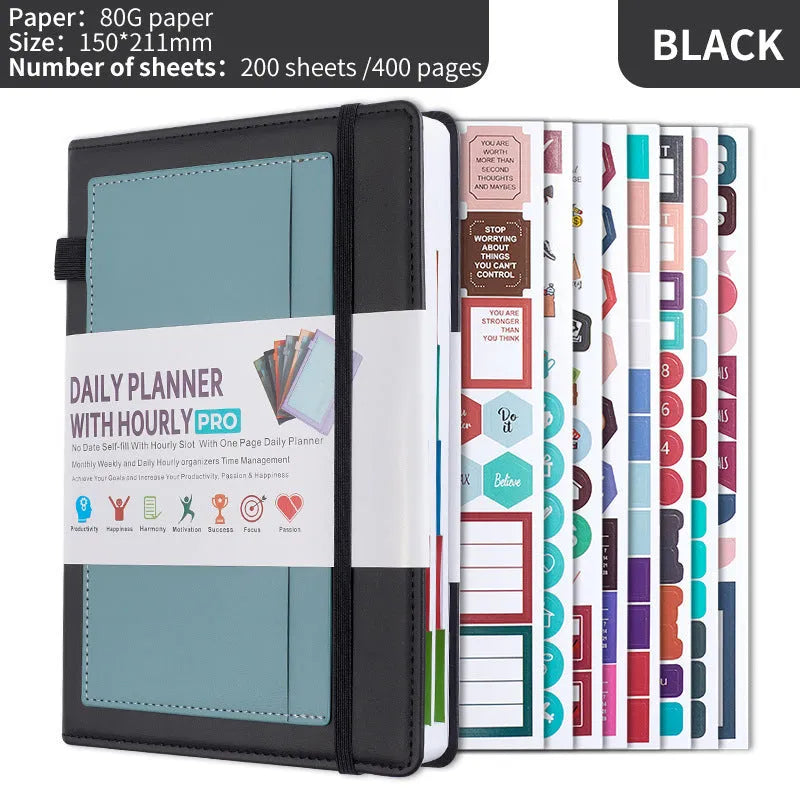 A5 no-date notebook with soft PU cover shown in purple, green, grey, black, pink, and orange, with planning stickers