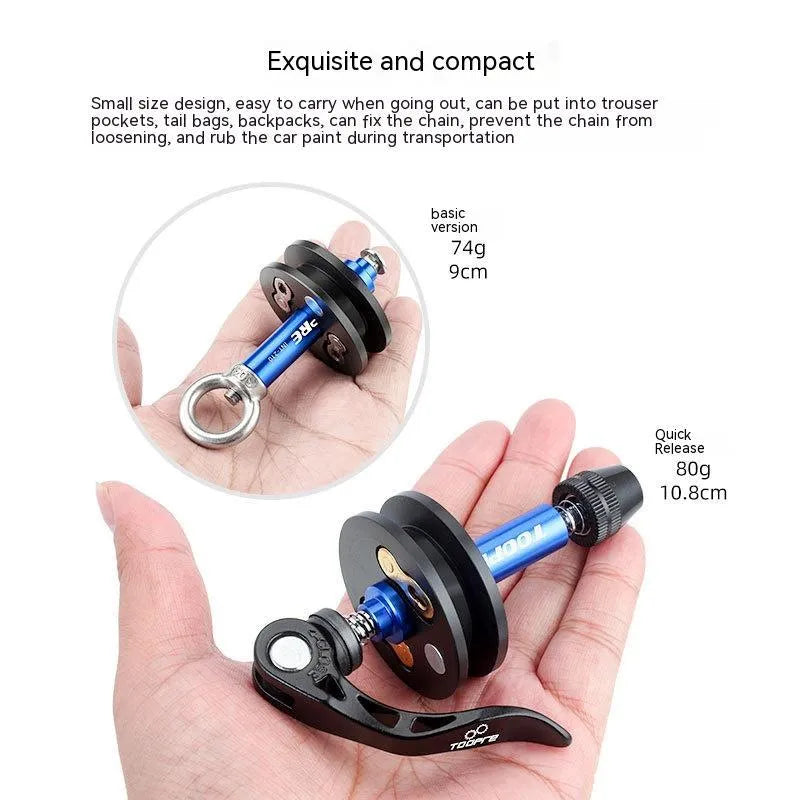 Aluminium bicycle chain holder tool shown in three versions: barrel shaft, basic, and quick release.
