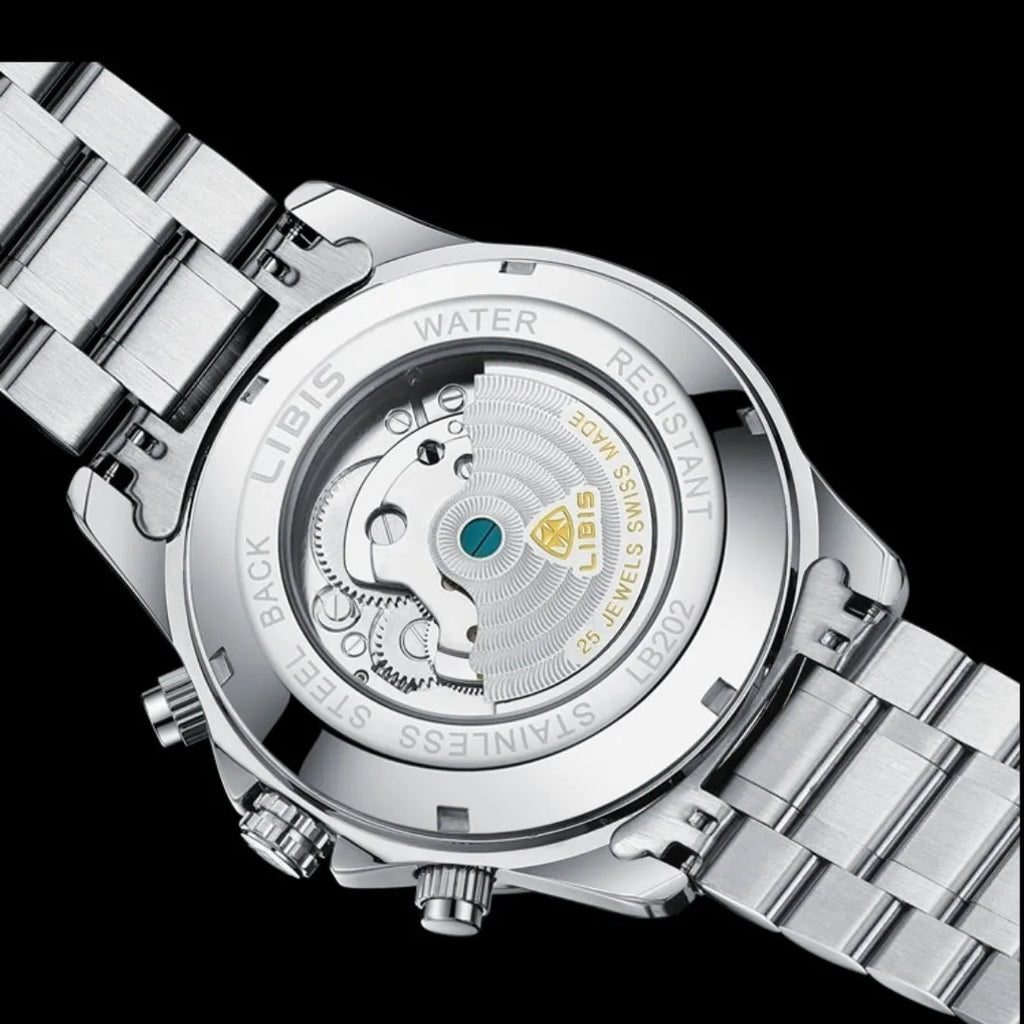 Silver men's automatic perpetual calendar mechanical watch with stainless steel strap and sapphire crystal glass.