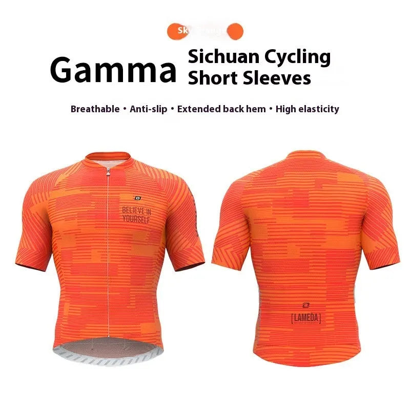 Short-sleeve cycling jersey top in polyester with moisture wicking for mountain and highway bike rides