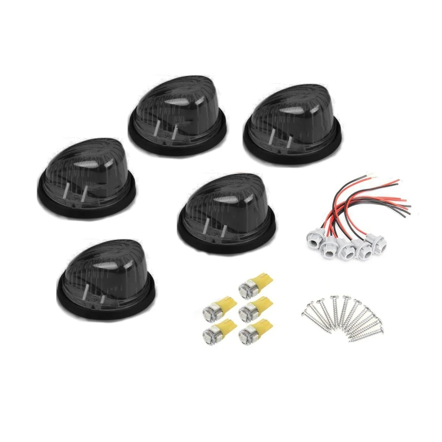 Five-piece LED roof cab marker light kit with yellow polycarbonate lenses, bulbs, and mounting hardware