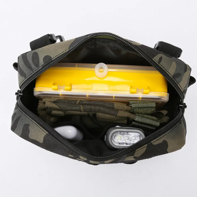 Tactical chest bag in black polyester with under 20L capacity for hiking and cycling