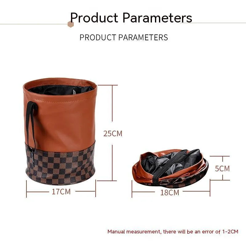 Leather folding car bin with handle for vehicle interior waste collection