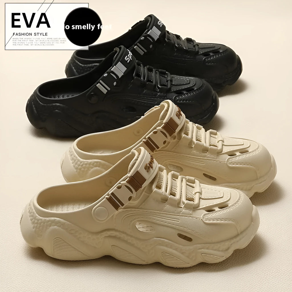 Men's khaki outdoor slippers with hollow-out design and light grey EVA non-slip sole.