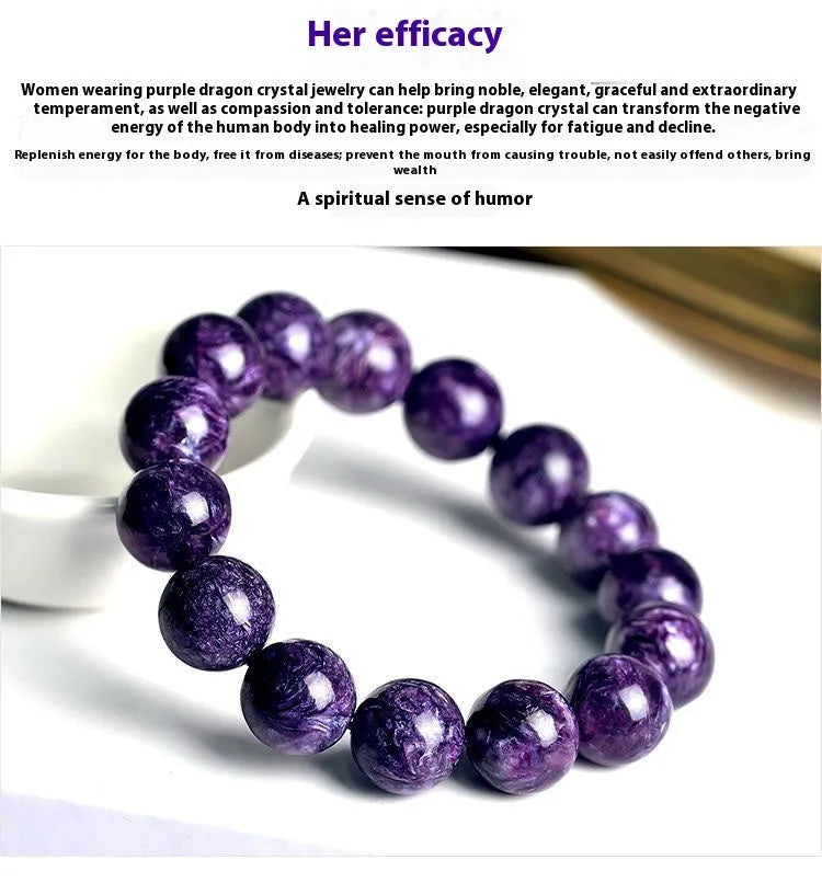 Natural transparent charoite crystal bracelet on platinum-coloured setting, showing different bead size options.