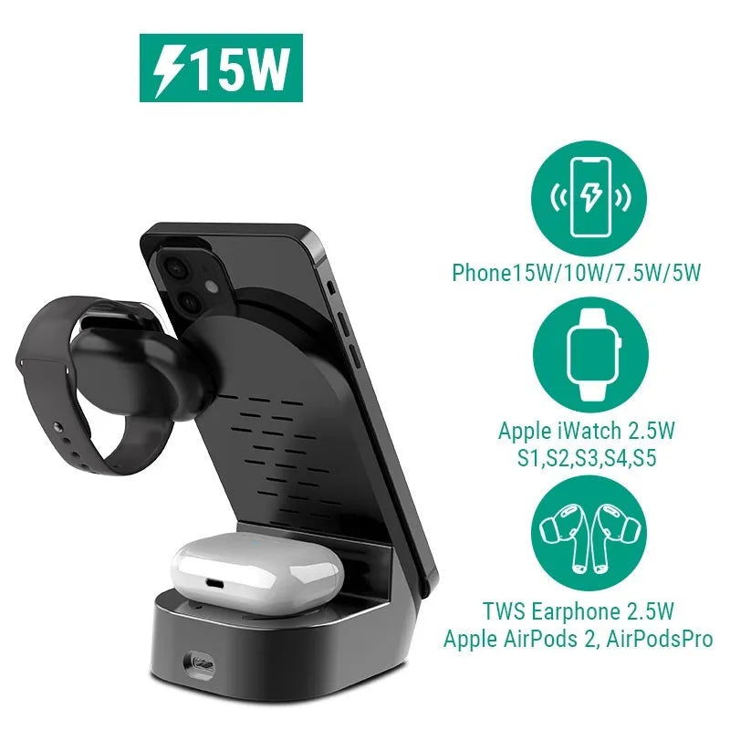 Black-grey foldable 3-in-1 wireless charging stand holding a phone, smartwatch, and earbuds case upright.