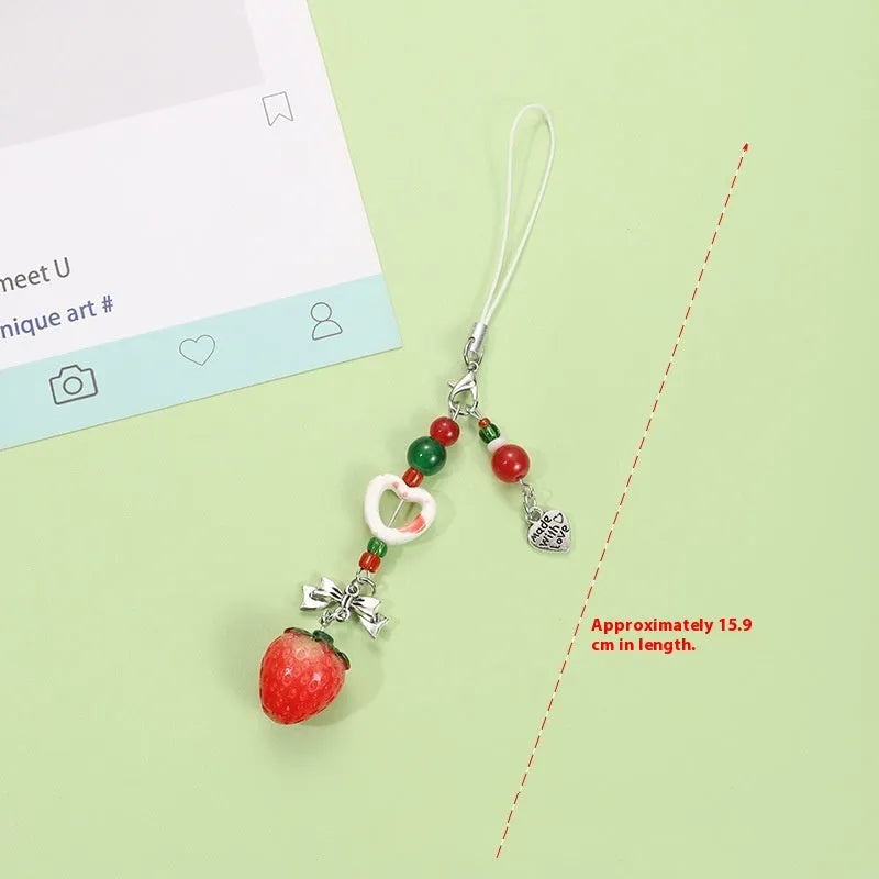 Plastic resin phone charm keychain with semi-handmade apple and strawberry fruit designs