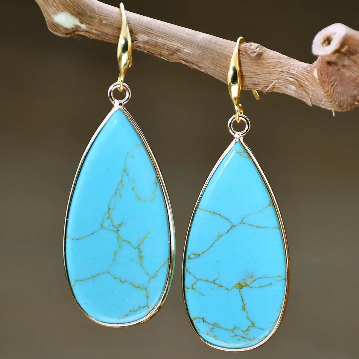 Vintage long water drop earrings in genuine stone materials with handmade processing