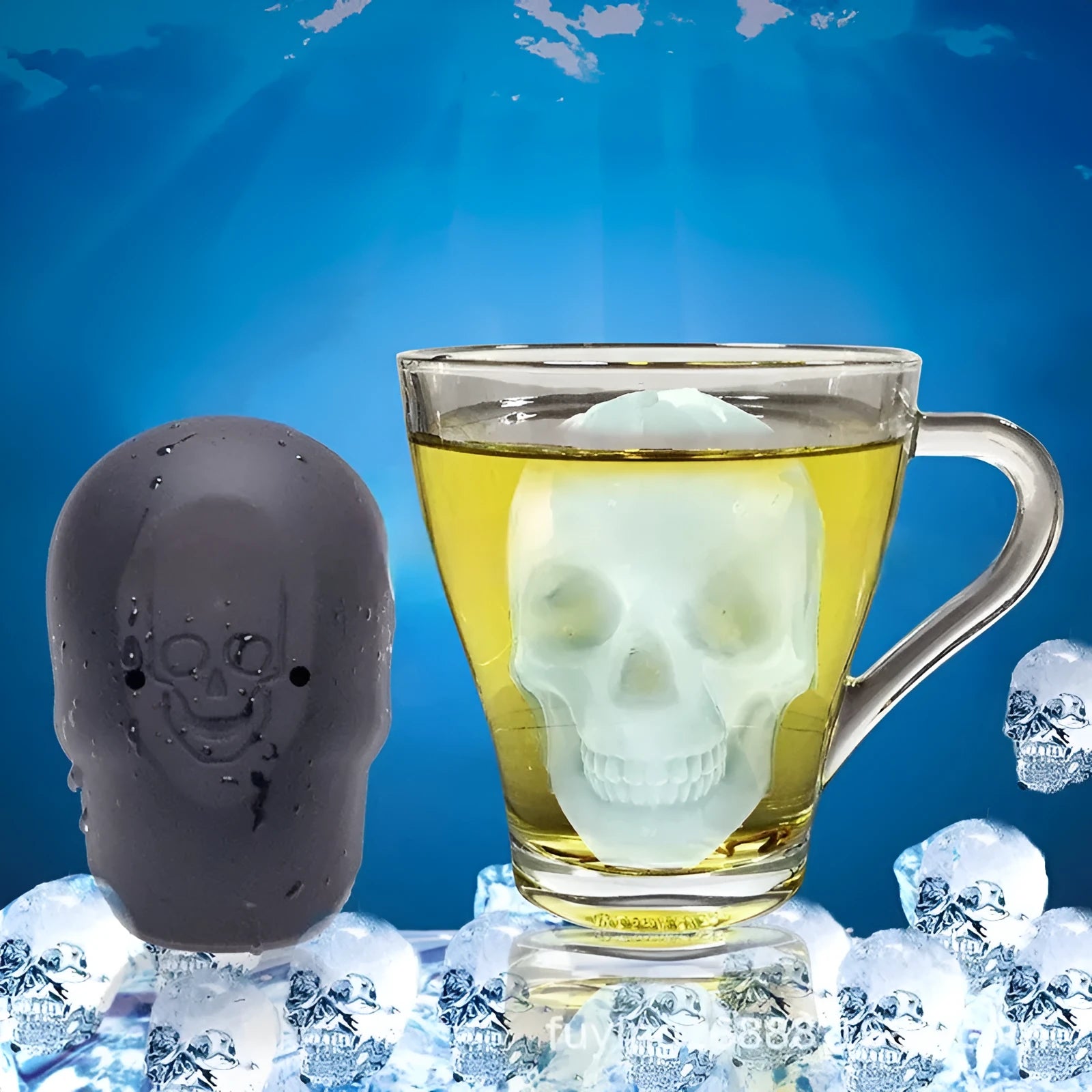 Food grade silicone Halloween ice tray creating 3D skull shaped ice cubes.