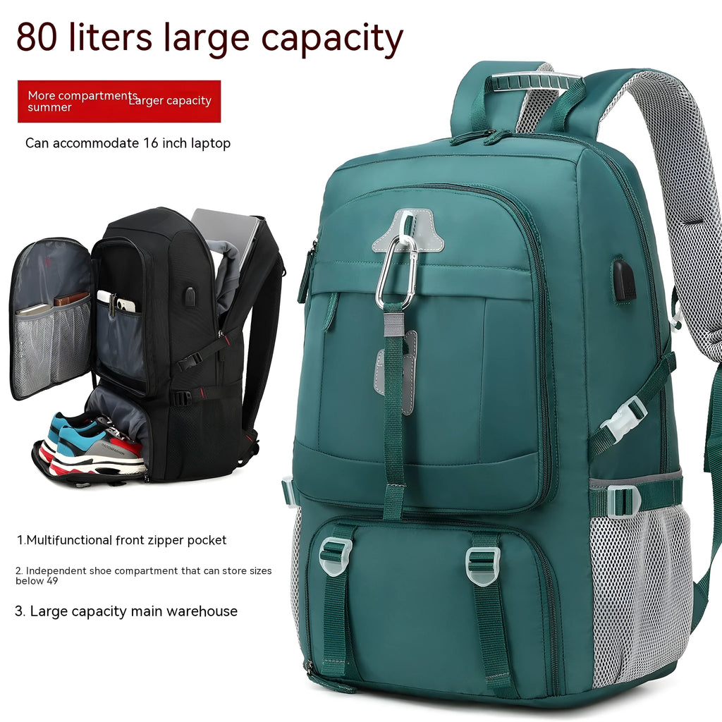 80L business travel backpack in black, Oxford cloth with composite cowhide, 55x20x35cm, USB interface