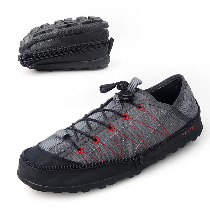 Orange folding outdoor shoes with mesh upper and side zipper closure