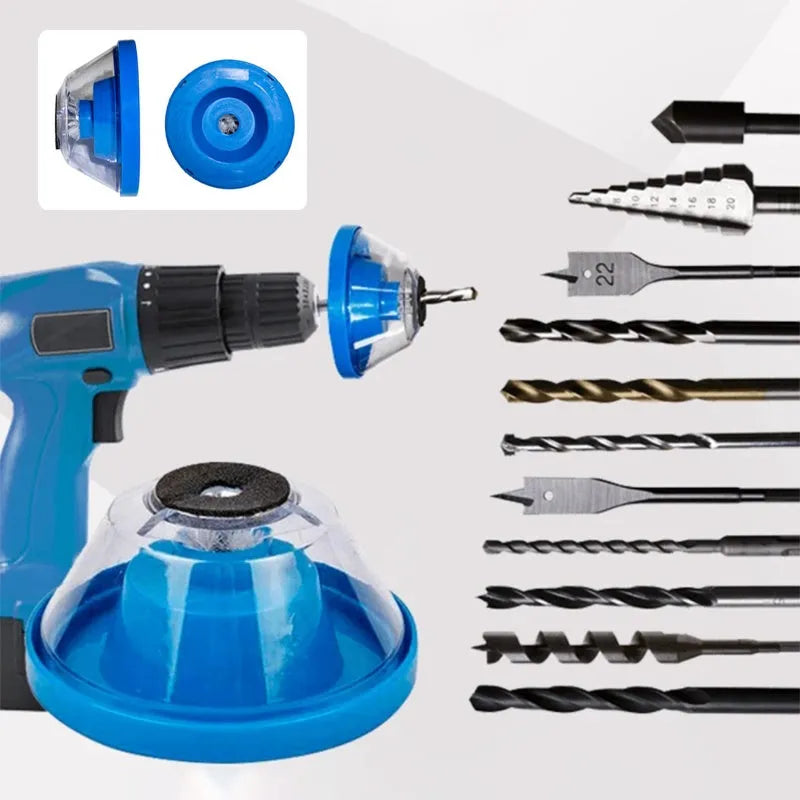 Blue plastic electric drill duster bowl with sponge gasket for capturing dust during drilling
