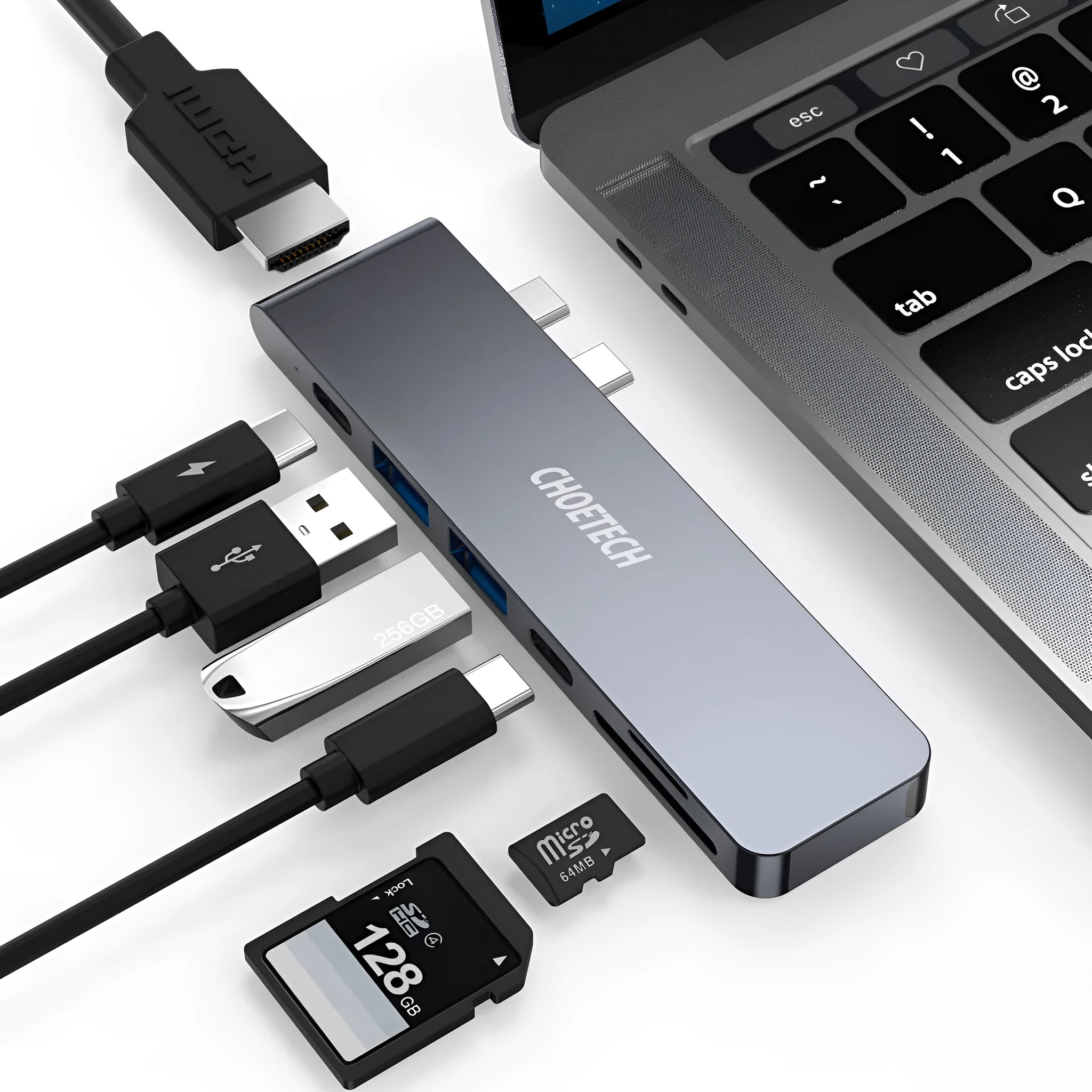 Aluminium USB-C multi-port adapter with SD card slot, HDMI, USB, and Thunderbolt ports