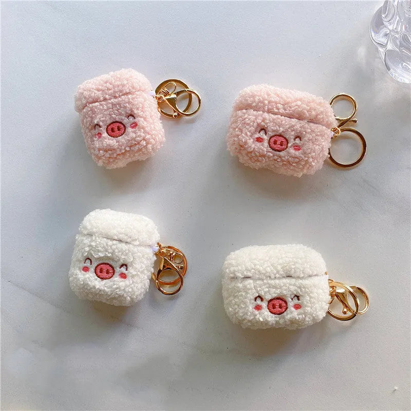 Plush pig flannel AirPods protective cover with bracelet in pink or beige