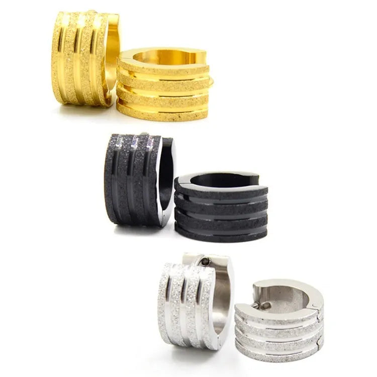 Korean style frosted geometric titanium steel earrings with three-line design in black, gold, and steel colours