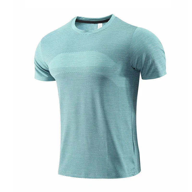 Short-sleeved red running t-shirt made from polyester spandex fabric, laid flat.