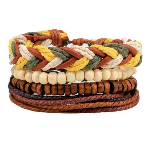 Handwoven adjustable leather bracelet with multilayer wooden beads and rope for a vintage punk style.