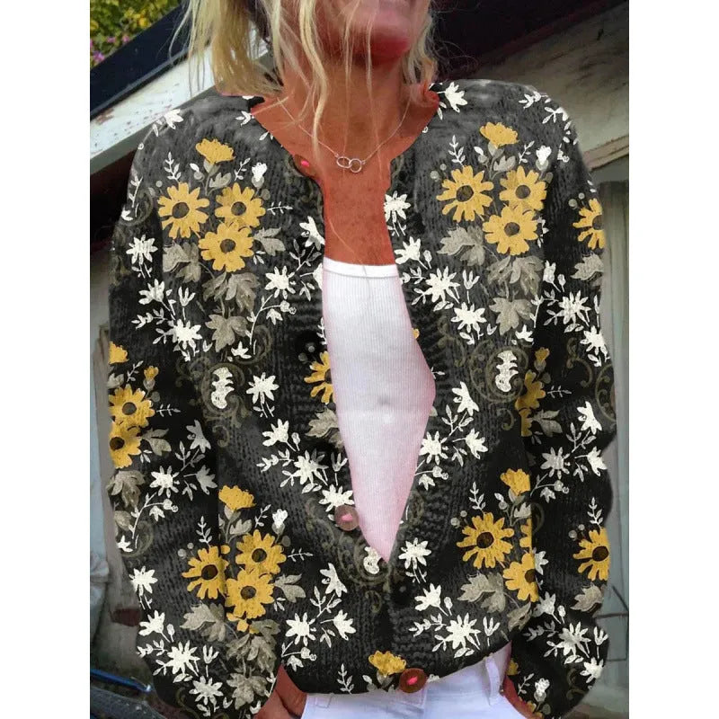 Yellow digital print cardigan coat with a 3D pattern, shown on a hanger