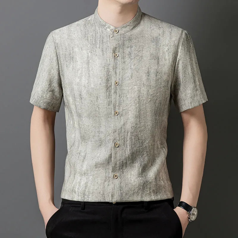 Men's loose-fit linen blend shirt with stand collar in black grey and white grey colour options