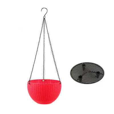 Plastic hanging basket planter with inner tank on a metal chain, shown in multiple colour options.