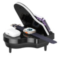 Black multi-function Bluetooth speaker wireless charger and phone holder on a desk