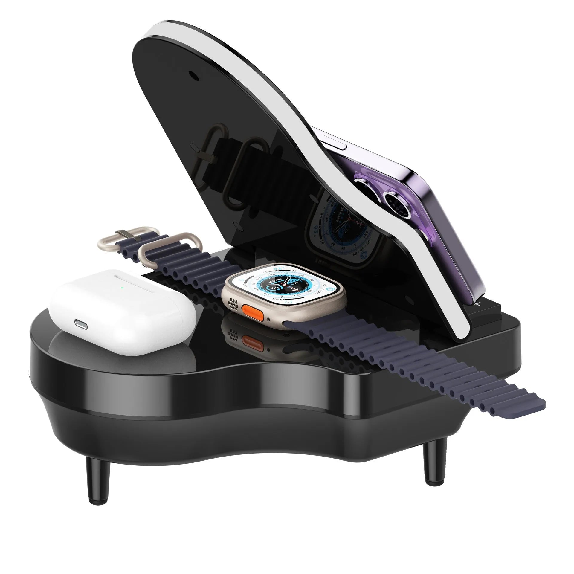 Black multi-function Bluetooth speaker wireless charger and phone holder on a desk