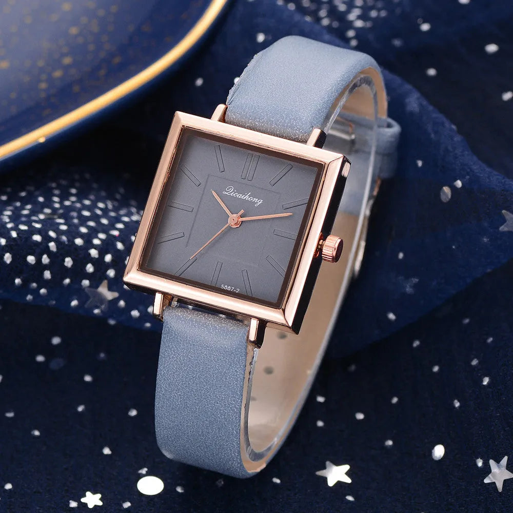 Square women leather crystal quartz wrist watch with glass dial in multiple colours