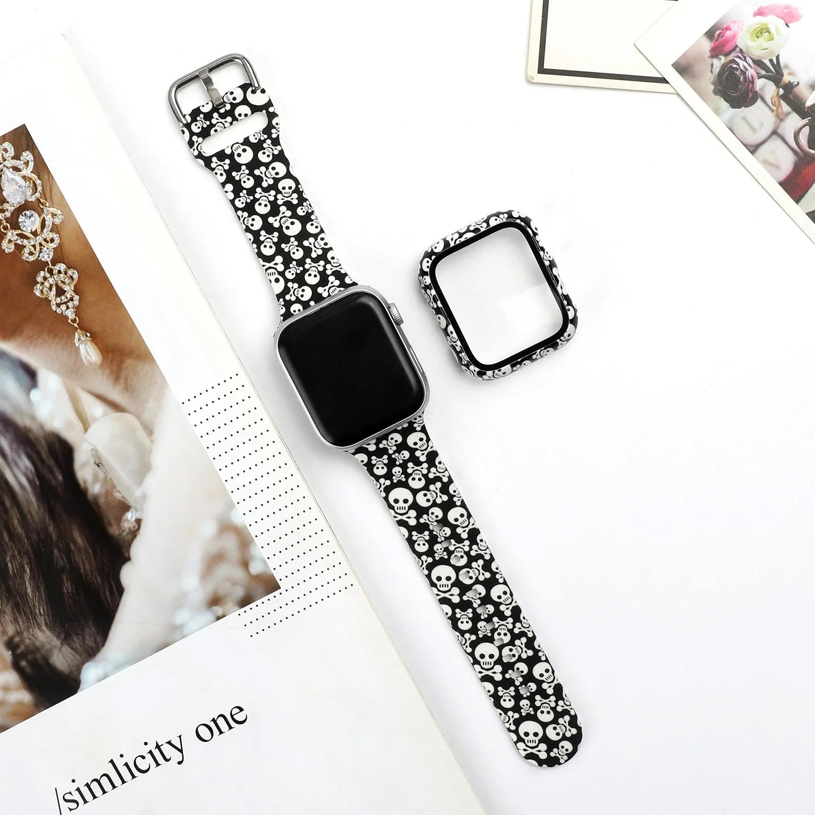 Printed silicone replacement watch strap for Apple iWatch showing multiple design options and size fit.