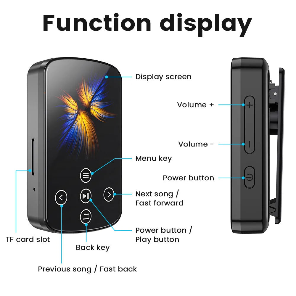 Black Bluetooth music player with 1.5 inch touch screen, buttons, 210 mAh battery, compact 60mm x 35mm x 18mm body