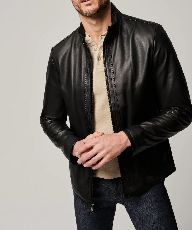 Men's black retro jacket with regular fit, long sleeves, straight hem, and no hood, shown in sizes S to XXXL